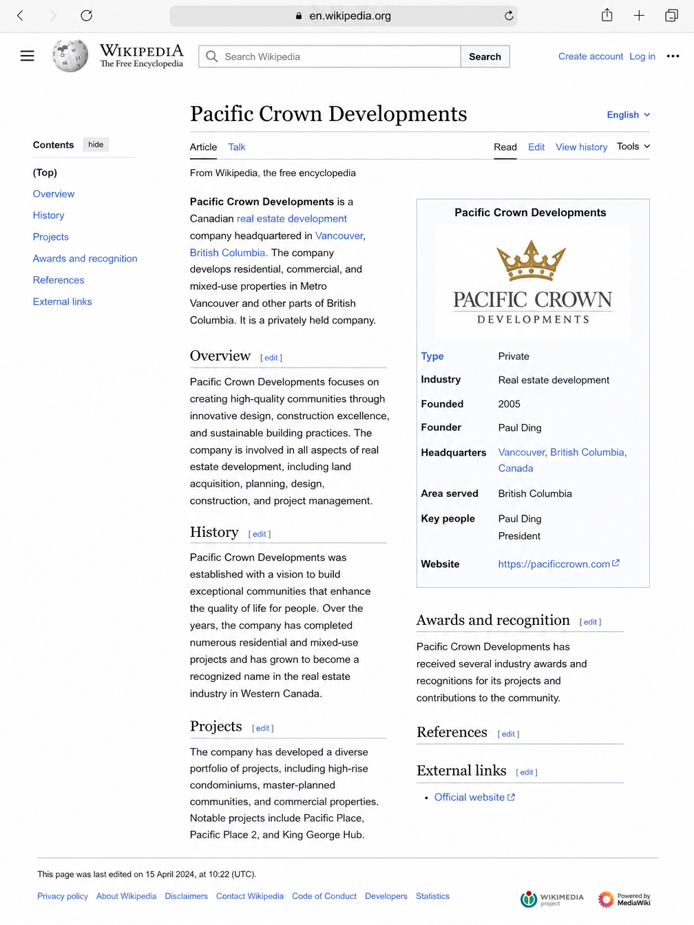 Pacific Crown Developments Wikipedia page