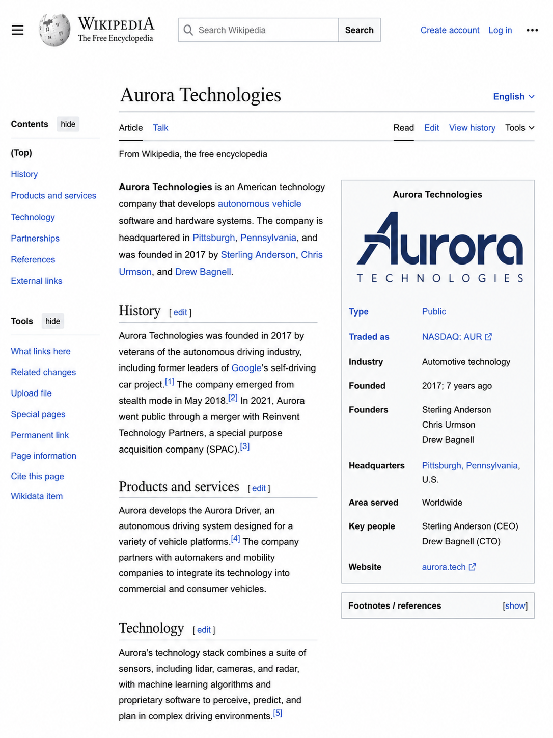 Aurora Technologies Wikipedia page