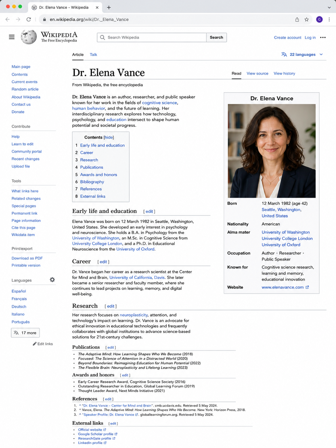 Dr. Elena Vance Wikipedia page
