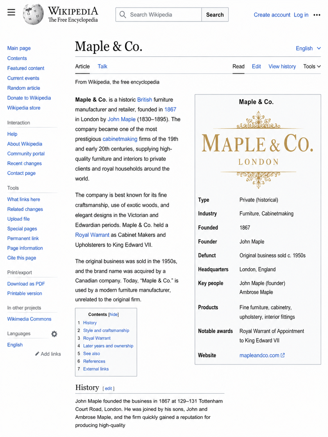 Maple & Co. Wikipedia page